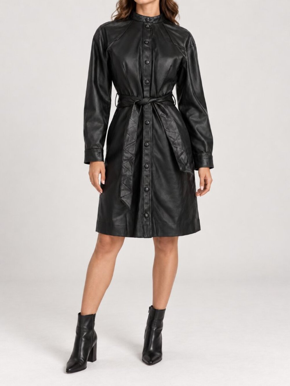 MANGO Women’s Black Faux Leather Belted Long Coat Jacket, XS